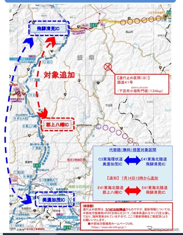 国道41号通行止めの代替路として追加で無料措置とする高速道路区間の概要