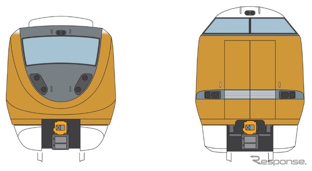 ラッピング車の前面。左が福知山方の1号車、右が京都・大阪方の4号車のもの。