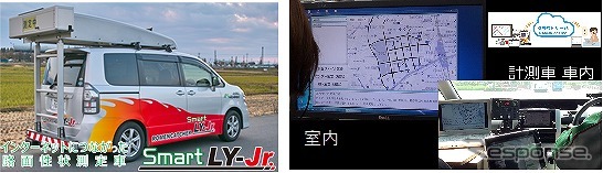 計測中の室内(事務所)と路面性状測定車の車内