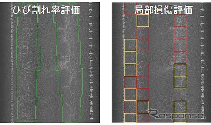 ひび割れ率解析AIと局部損傷解析AIによる解析イメージ