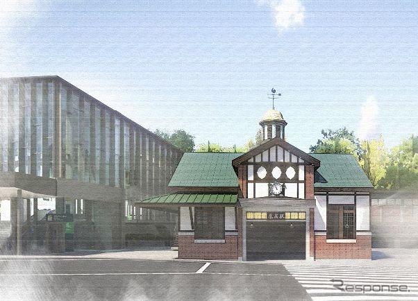 原宿駅新駅舎に隣接して建てられる旧原宿駅舎を再現した建物のイメージ。