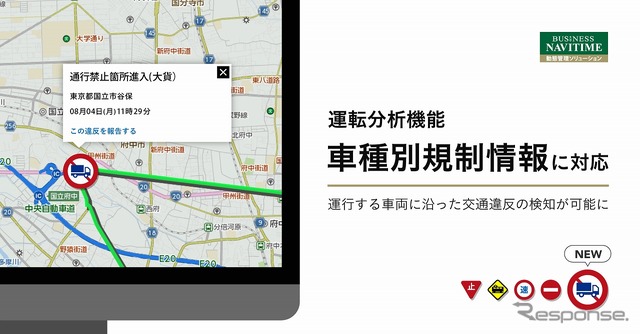 ビジネスナビタイム動態管理ソリューションの運転分析機能にて車種別規制情報に対応