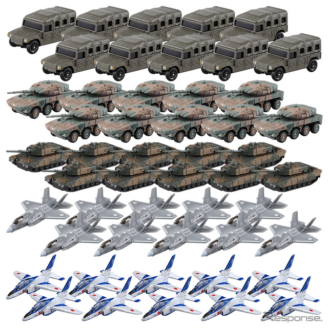 自衛隊50台セット 販売価格:4万4550円、発売日:5月16日(△残りわずか) (c) TOMY、LOCKHEED MARTIN (R), F-35, associated emblems and logos, and body designs of vehicles are either registered trademarks or trademarks of Lockheed Martin Corporation in the USA and/or other jurisdictions, used under license by TOMY Company,Ltd.
