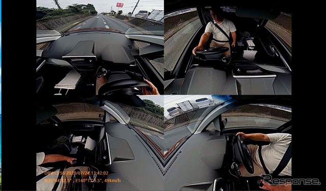 4分割モードでは前方向と車内、左方向/右後方の映像を分割表示する。パソコン上で再生した映像をキャプチャー