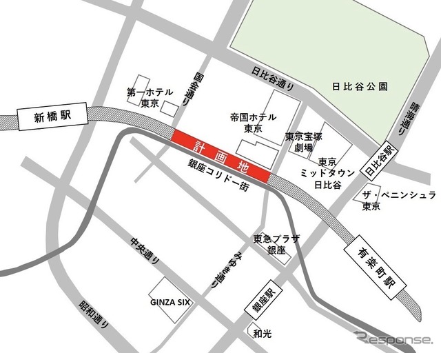 新橋、銀座、有楽町との回遊性が高い箇所に立地する『日比谷OKUROJI』の所在地（東京都千代田区内幸町1丁目7番1号）