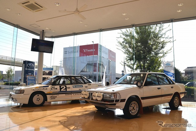 レガシィ(BC5)10万km速度記録達成車(1989年)(左)とレオーネ(AA5)サファリラリー仕様車(1988年)