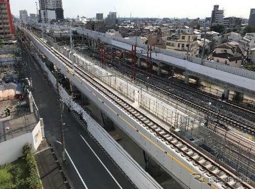 高架化工事中の竹ノ塚駅。