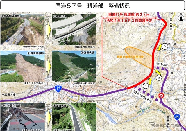 国道57号北側復旧ルートと国道57号現道部が10月3日に開通