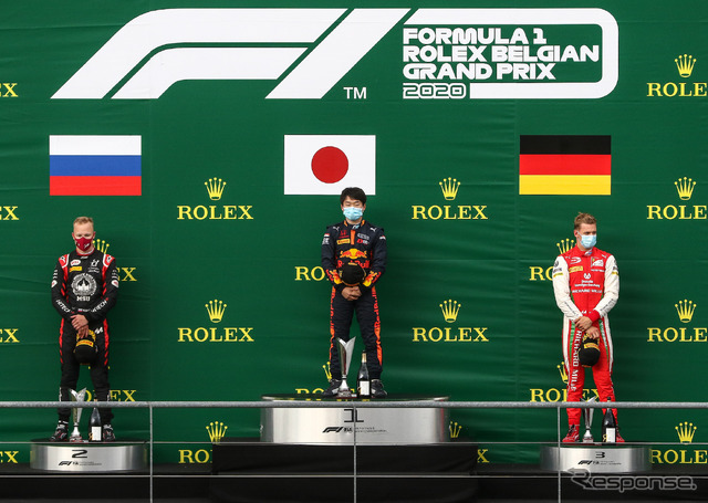 今季のF2スパ・フランコルシャン戦、Race1では角田裕毅(中央)が優勝、ミック・シューマッハ(右)が3位。