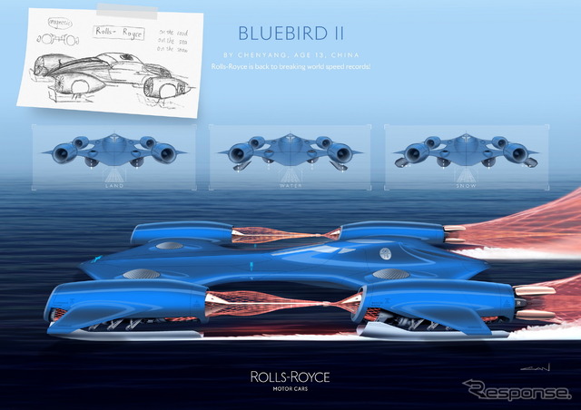 中国のCHEN YANG(13歳)の「BLUEBIRD 2」の原画とロールスロイスによるデザインレンダリング。テクノロジー部門の最優秀作品