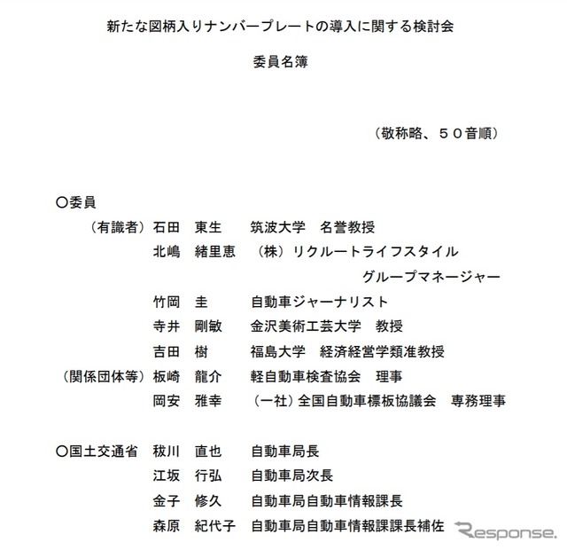 入を検討する。このため、「新たな図柄入りナンバープレートの導入に関する検討会のメンバー