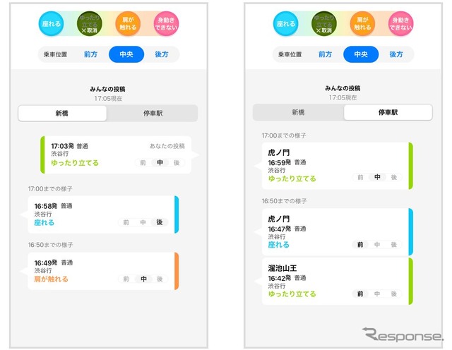 「みんなの混雑投稿」では、「前方・中央・後方」のどのあたりに乗車しているかの選択も可能。