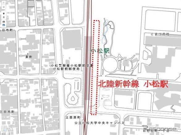 北陸新幹線小松駅の工事位置。