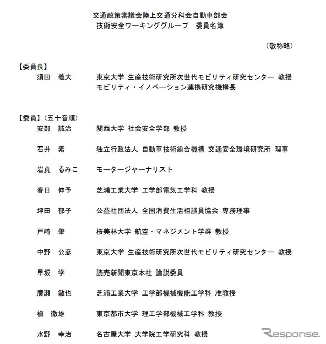 交通政策審議会陸上交通分科会自動車部会技術安全ワーキンググループのメンバー
