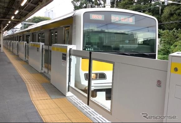 柏駅と新松戸駅に整備される従来型のホームドア。写真は中央総武緩行線千駄ヶ谷駅のもの。
