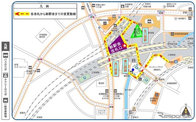 折尾駅新駅舎の位置と、変化する動線。