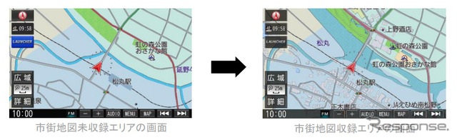 市街地図未収録エリアの画面（右）、市街地図収録エリアの画面（左）