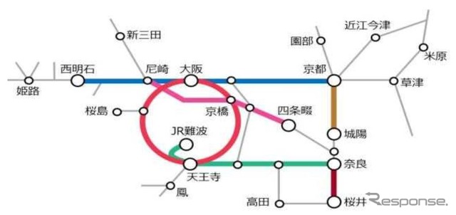 終夜運転に代わる臨時列車の運行区間（太線部）。茶線の桜井線（万葉まほろば線）のみ、大晦日の23時からの運行となる。