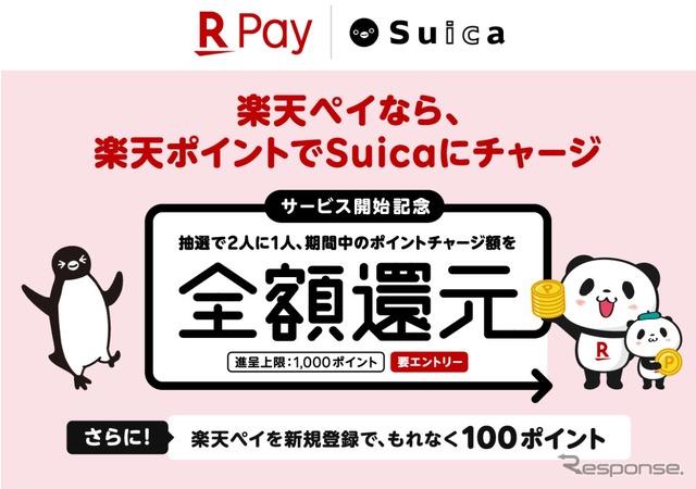 サービス開始を記念して行なわれるキャンペーン。キャンペーンページでエントリーし、アプリでSuicaのチャージに楽天ポイントを利用した人の2人に1人にポイントチャージ分に対して全額(上限1000ポイント)が楽天ポイントで還元されるほか、期間中に初めて『楽天ペイ』アプリにログインし支払元の設定をした場合は、楽天ポイントによるSuicaへのチャージに関係なく、楽天ポイントが100ポイント付与される。