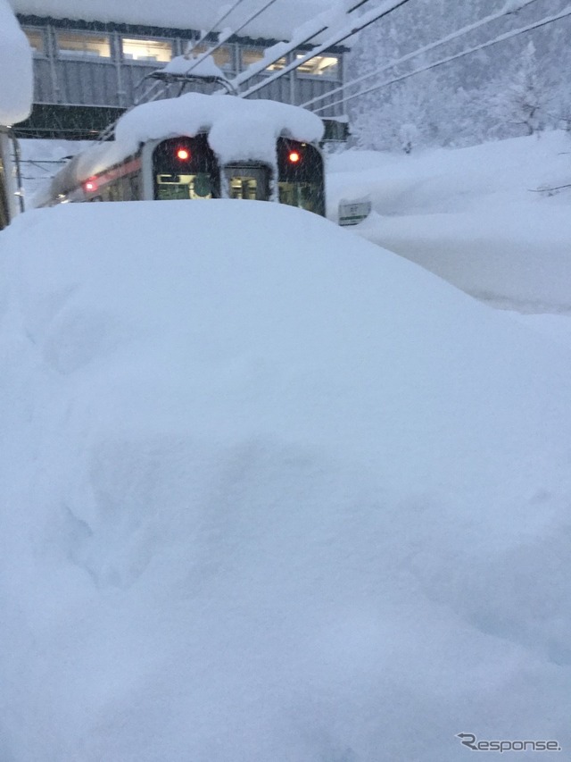 電車の顔が隠れるほどの積雪。