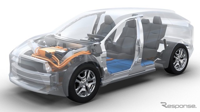トヨタが欧州市場に投入する予定の新型電動SUV（フルEV）のティザーイメージ。この車台をスバルの新型EVと共有する