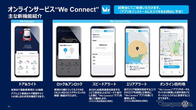 試乗会で配られた資料その2。スマホにインストールした専用アプリを使うことで可能となる機能が紹介されている