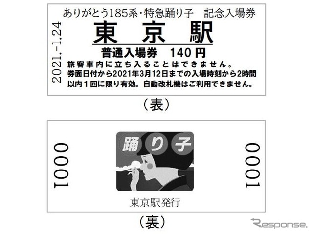 「ありがとう185系『踊り子』記念入場券」のB型硬券見本。JR東日本版は東京・品川・川崎・横浜・大船・小田原・湯河原・熱海・網代・伊東各駅のB型硬券が特製台紙にセットに。伊豆箱根鉄道版は三島・三島田町・大場・伊豆長岡・大仁・修善寺の各駅、伊豆急行版は伊豆高原・伊豆熱川・伊豆稲取・河津・伊豆急下田の各駅がセットに。券面日付は各社とも2021年1月24日に。