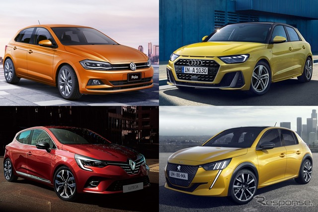 VW ポロ(左上)、アウディ A1スポーツバック、アウディ A1スポーツバック(右上)、プジョー 208(右下)、ルノー ルーテシア(左下)