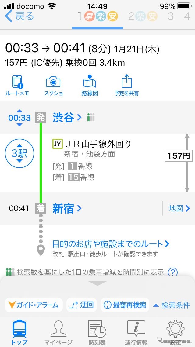 1月20日の渋谷発山手線外回り終電検索の詳細画面。