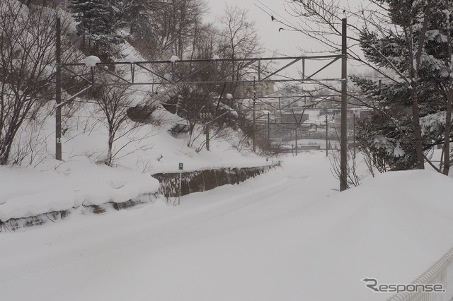 1月19日10時59分頃、小樽駅の倶知安方。線路が完全に埋もれている。