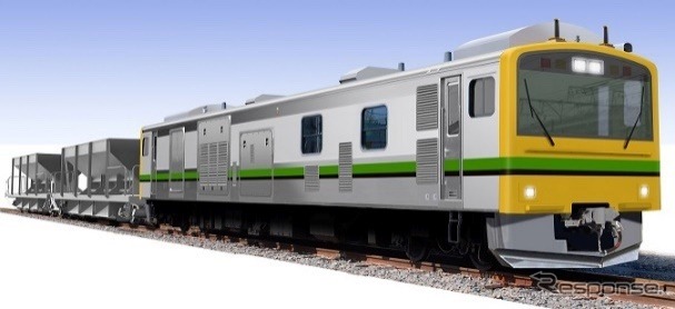 牽引用のGV-E197形と貨車（ホッパ車）のGV-E196形からなるGV-E197系のイメージ。