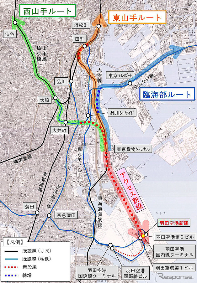 JR東日本が示している、羽田空港アクセス線の3ルート。