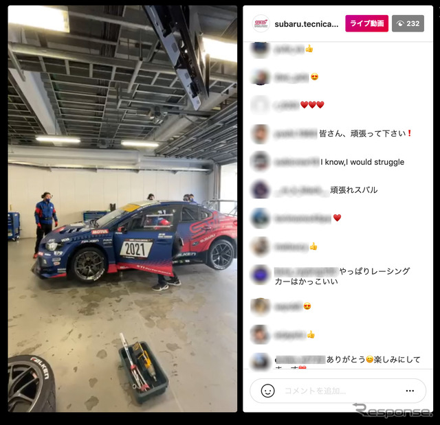 SUBARU/STI ニュルブルクリンク24時間レース2021 テスト風景 インスタライブ(スクリーンショット)