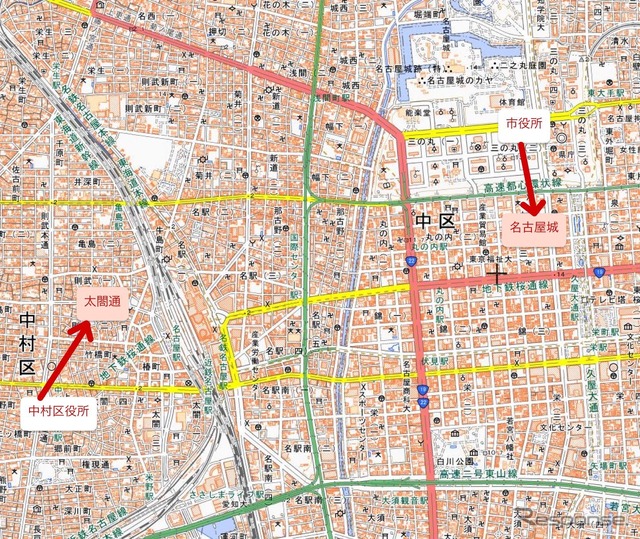 改称される中村区役所駅と市役所駅の位置。「太閤通」は駅の所在地である太閤通にちなみ命名。「名古屋城」は名古屋城への案内効果を高めるために命名。