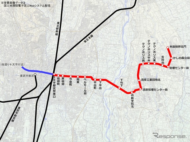 宇都宮・芳賀LRT（宇都宮ライトレール）の整備区間（赤）。途中17カ所に停留場が設けられる（停留場名は仮称）。