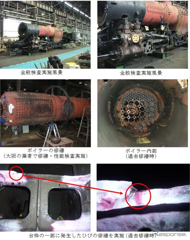 C11 171の全般検査やボイラー修繕の様子。全般検査は2013年以来のことで、台枠や台車といった主要部分の摩耗やひび割れなどが発生。ボイラーは、蒸機機関車のボイラー修繕で名高い大阪のアチハへ送られ修繕される。