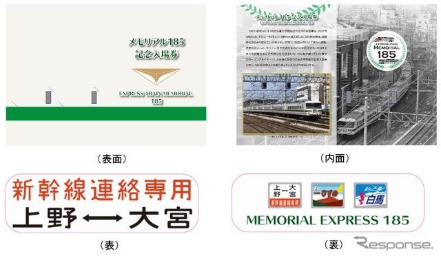 JR東日本が発売する「メモリアル185」の「新幹線リレー号セット」の台紙（上）と方向幕（下）。入場券は上野駅と大宮駅が付く。