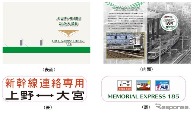 JR東日本が発売する「メモリアル185」の「新幹線リレー号セット」の台紙(上)と方向幕(下)。入場券は上野駅と大宮駅が付く。