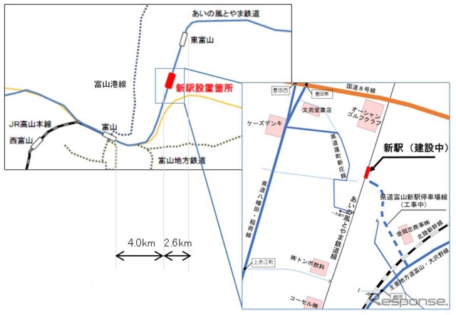 新富山口駅の所在地。富山駅から4km、東富山駅から2.6kmの位置にある。