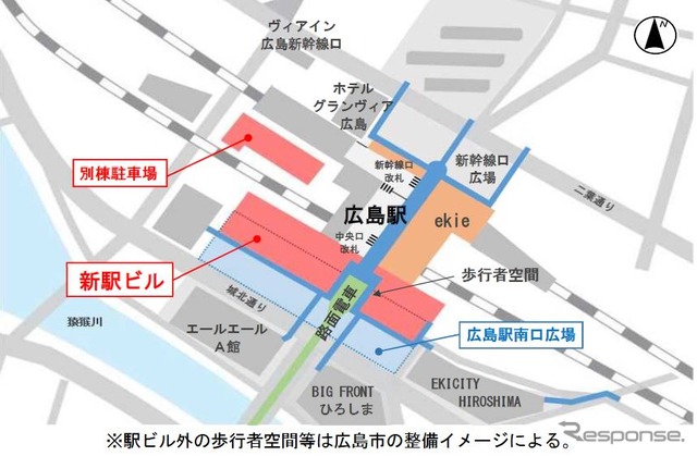 2階レベルからの広島新駅ビル配置図。路面電車の停留場とJR線改札が至近となり利便性が向上。