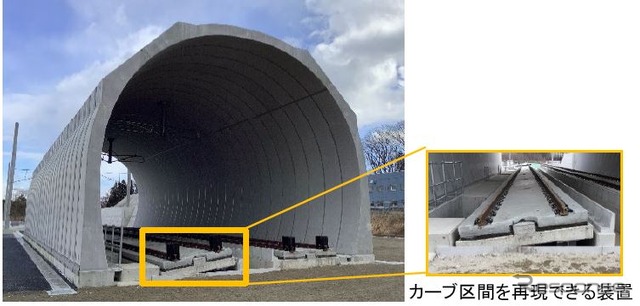 長さ約30mのトンネル模擬設備。カーブ区間を再現できる装置も設置し、さまざまな条件下でも施工可能な機械の開発や操作者の訓練を行なうとしている。