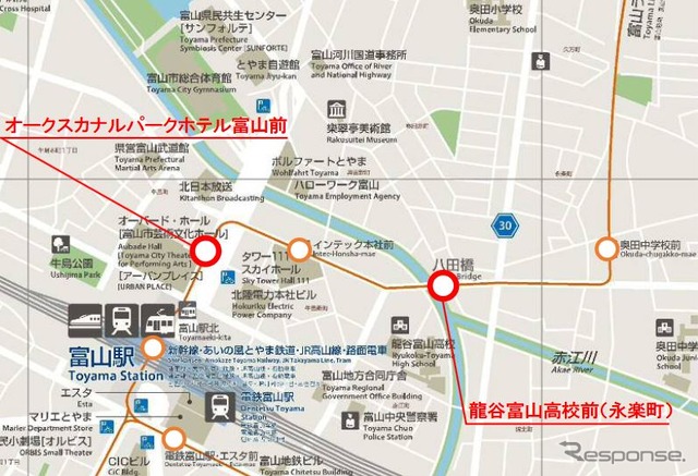 富山港線新停留場の位置。オークスカナルパークホテル富山前停留場は「プールバール」、龍谷富山高校前（永楽町）停留場は「永楽町」という仮称が付けられていた。