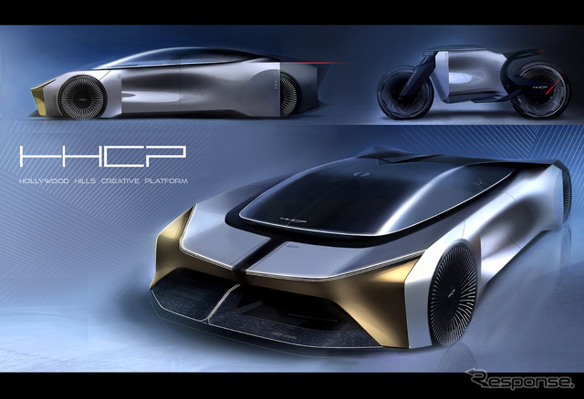 「ハリウッドヒルズ・クリエイティブ・プラットフォーム＝HHCP」が自主プロジェクトとして行ったハイパースポーツEVの提案スケッチ。スポーツカーとバイクをセットでデザインしている。