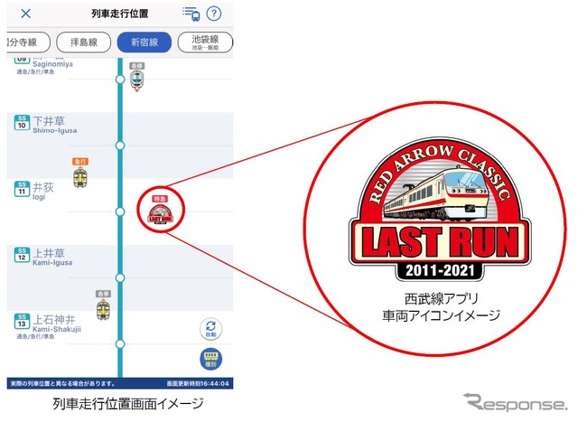 走行中の「レッドアロークラシック」を西武線アプリで確認できる。