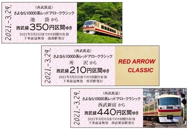 「さよなら『10000系レッドアロークラシック』記念乗車券」は、D型硬券乗車券3枚と台紙がセットになっている。