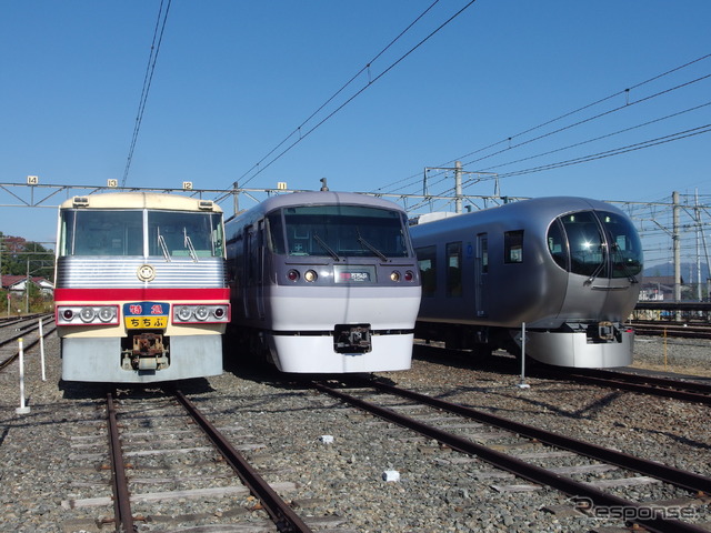 向かって左から5000系、10000系、001系(2019年、西武秩父線開通50周年記念車両基地まつり in 横瀬)。