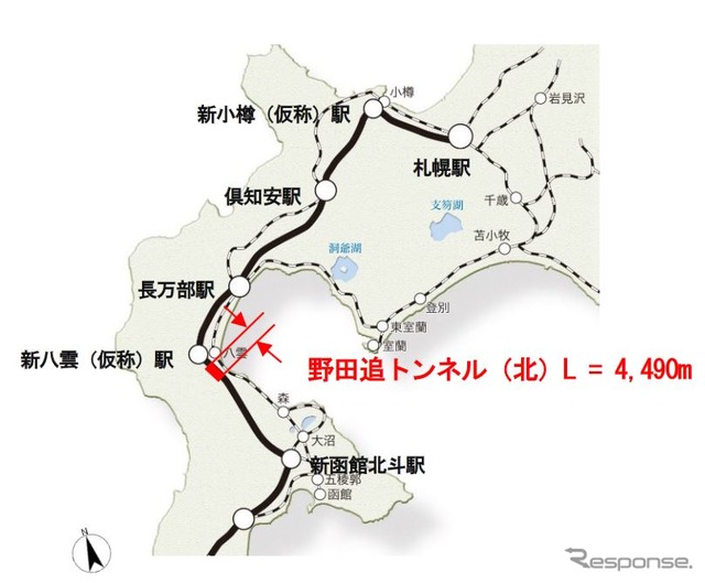 崩落が発生した野田追トンネル北工区部分。同トンネルの全長は8165m。