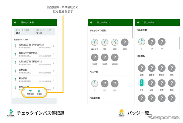 チェックインバス停記録（左）とバッジ一覧
