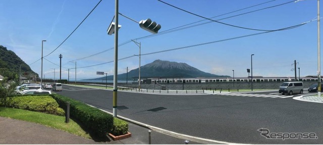 桜島や錦江湾をバックにした新駅のイメージ。
