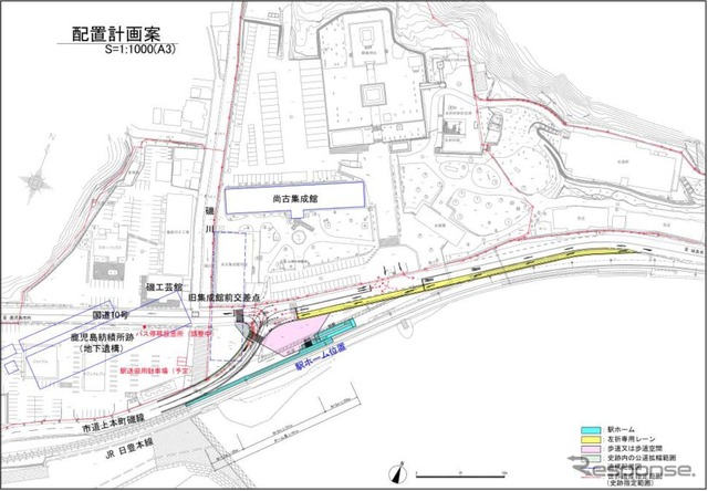 「磯新駅検討調査に関する協議会」で決定された配置計画案。ホームは4両編成対応のものが、尚古集成館前海側付近に設置される。